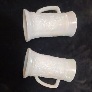 Vintage Federal Glass Iridescent White Tavern Scene Beer Steins - Set of 2